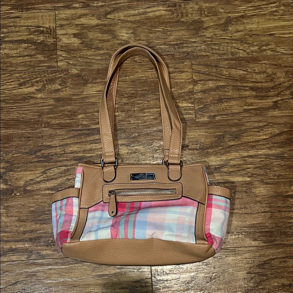 Tan and Pink Plaid Women's Tote Shoulder Bag